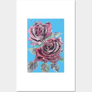 Red Rose Watercolor Painting on Blue Posters and Art